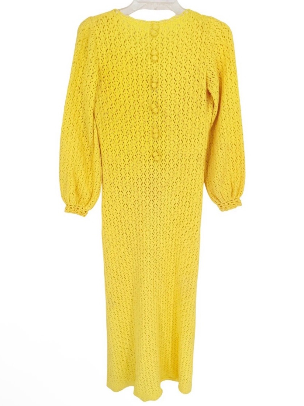 1970s Vintage Yellow Crochet Long Sleeve Maxi Dress Boho Cottagecore Twee